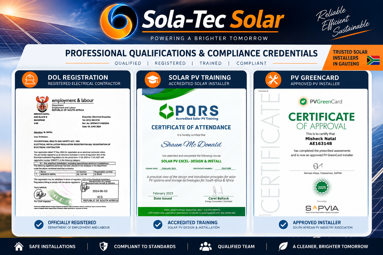 Sola Tec Solar qualified and compliant solar installers Gauteng - DOL registered, Solar PV trained and PV GreenCard installer